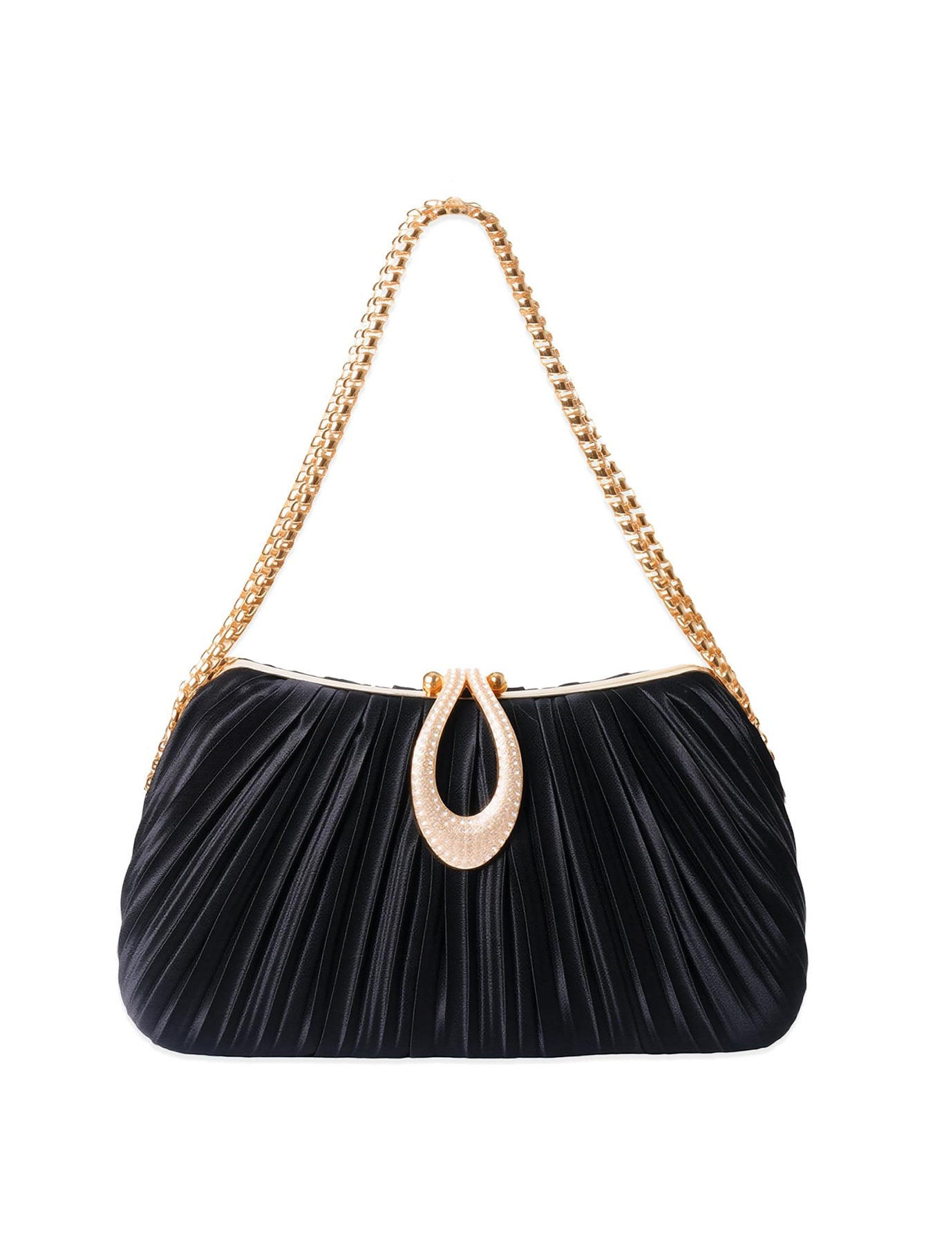 Black pleated handbag with a gold chain strap on a white background