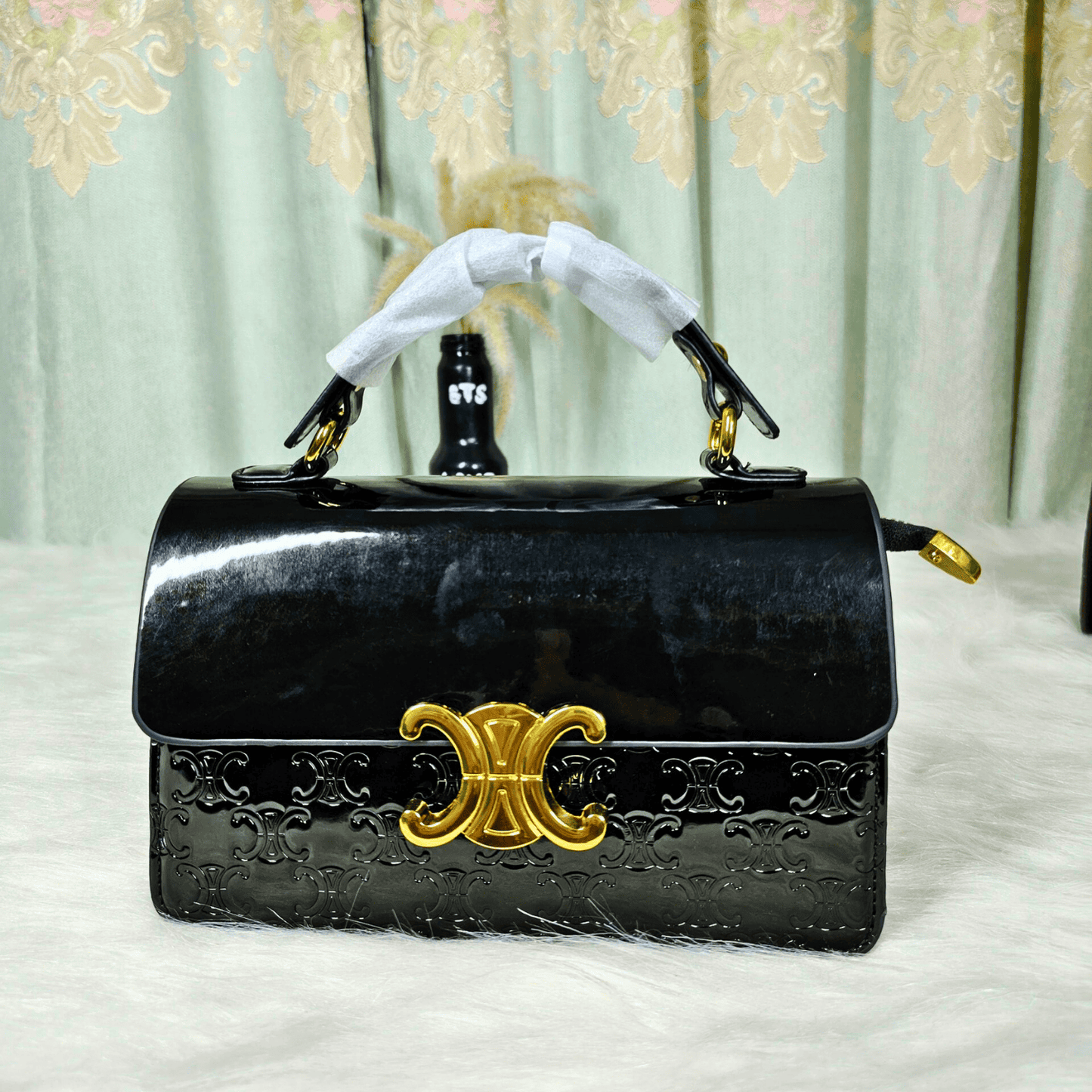 Elegant Top Handle Flap Handbag with Gold Lock Detail