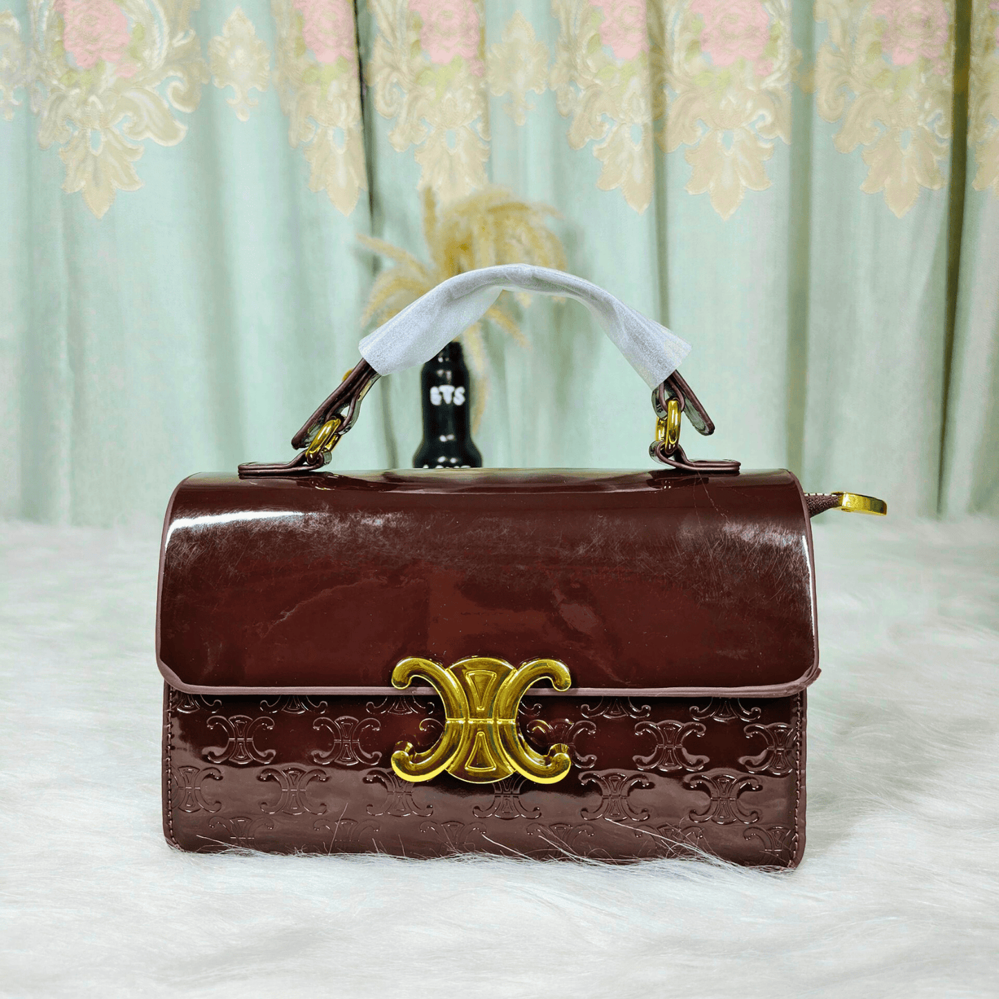 Elegant Top Handle Flap Handbag with Gold Lock Detail