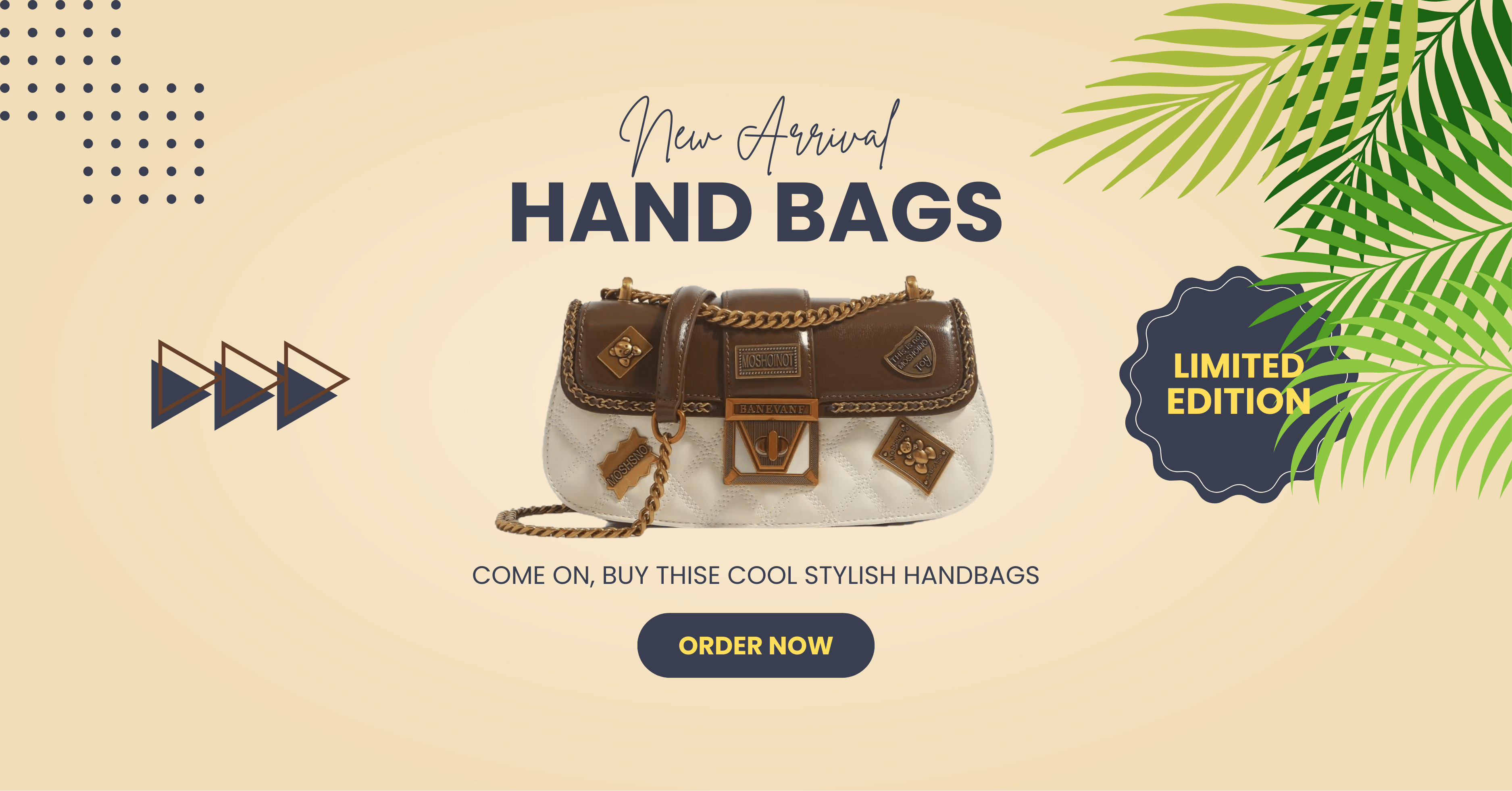 Promotional banner for new handbags with a limited edition badge on a beige background.